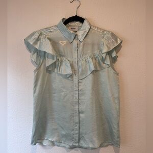 KOCH Mint Satin Ruffle Sleeveless Button-Up Blouse